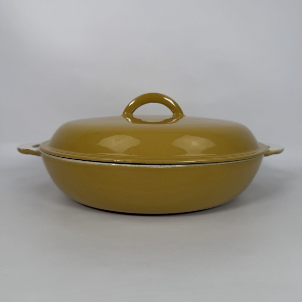 Vintage Descoware 12” Yellow Enamel Cast Iron Casserole Dutch Oven Belgium Made